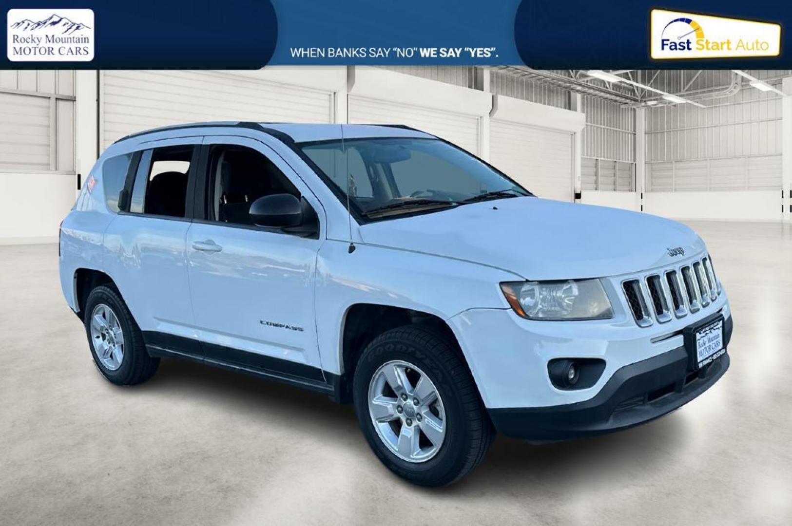 2015 White Jeep Compass Sport FWD (1C4NJCBA4FD) with an 2.0L L4 DOHC 16V engine, Automatic, CVT transmission, located at 344 S Washington Blvd, Ogden, UT, 84404, (801) 399-1799, 41.255482, -111.970848 - Photo#0