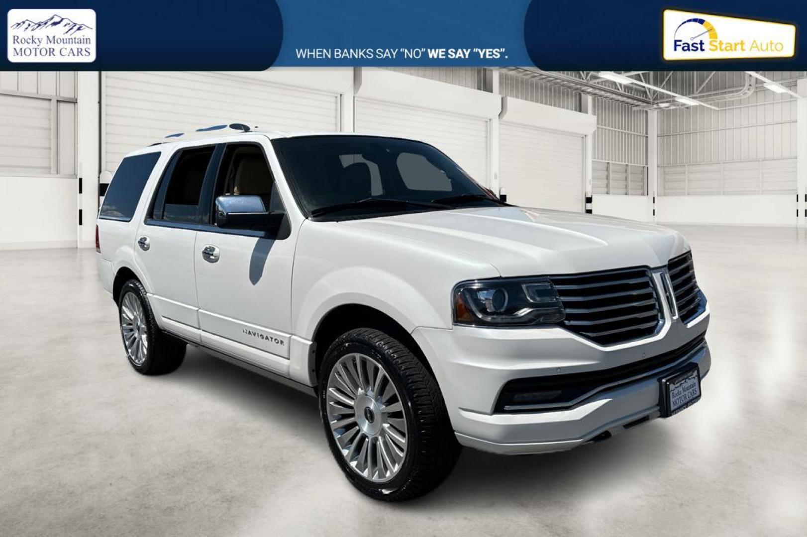 2015 White Lincoln Navigator 4WD (5LMJJ2JT6FE) with an 3.5L V6 DOHC 24V FFV engine, 6-Speed Automatic transmission, located at 344 S Washington Blvd, Ogden, UT, 84404, (801) 399-1799, 41.255482, -111.970848 - Photo#0