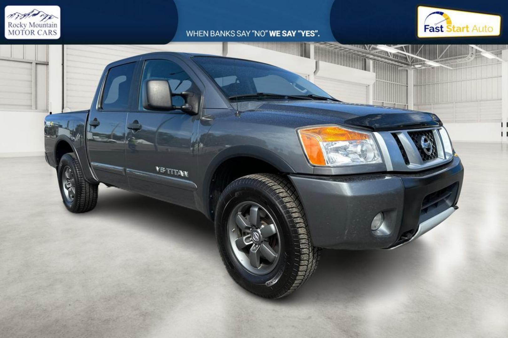 2015 Gray Nissan Titan PRO-4X Crew Cab 4WD SWB (1N6AA0ECXFN) with an 5.6L V8 DOHC 32V engine, 5-Speed Automatic transmission, located at 7755 State Street, Midvale, UT, 84047, (801) 753-9063, 40.610329, -111.892159 - Photo#0
