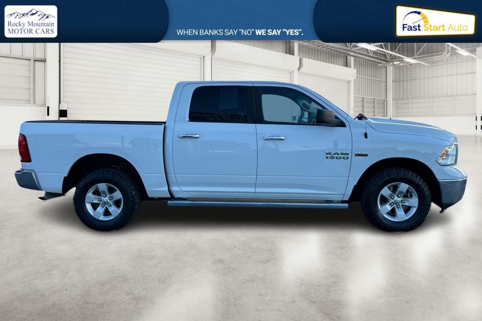 2015 White RAM 1500 SLT Crew Cab SWB 4WD (1C6RR7LT2FS) with an 5.7L V8 OHV 16V engine, 6-Speed Automatic transmission, located at 767 S State Road, Pleasant Grove, UT, 84062, (801) 785-1058, 40.354839, -111.736687 - Photo#1